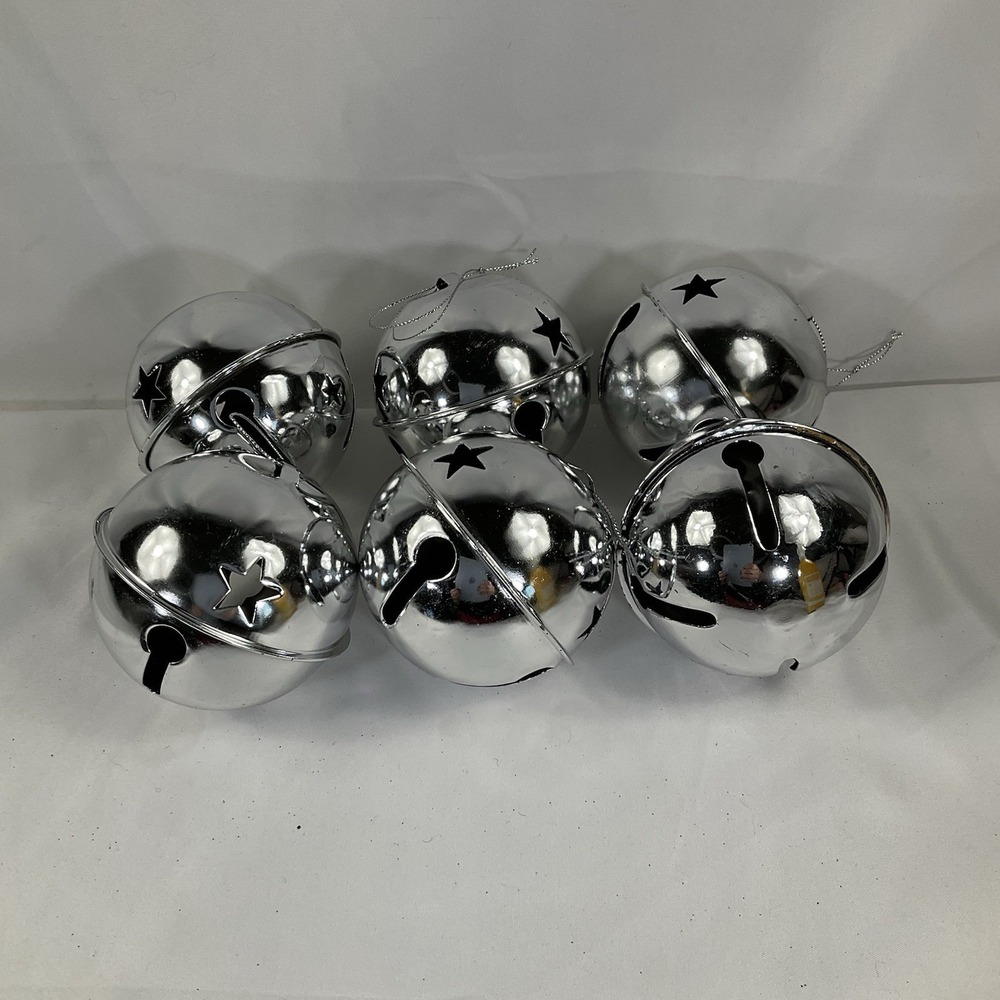 Large Silver Jingle Bell Ornaments w/star cut-out- Set of 6 Bells